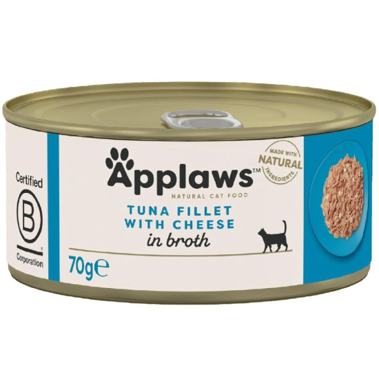 APPLAWS Natural – conservă hrană umedă complementară pentru pisici, file de ton și brânză în supă, 70 g